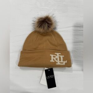 NWT!! RALPH LAUREN KNIT HAT WOMENS POM POM BEIGE TAN